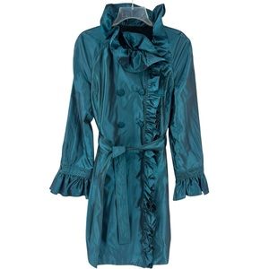 ST. JOHN Trench Coat teal ruffled collar and sleeves button up belt midi SZ 10